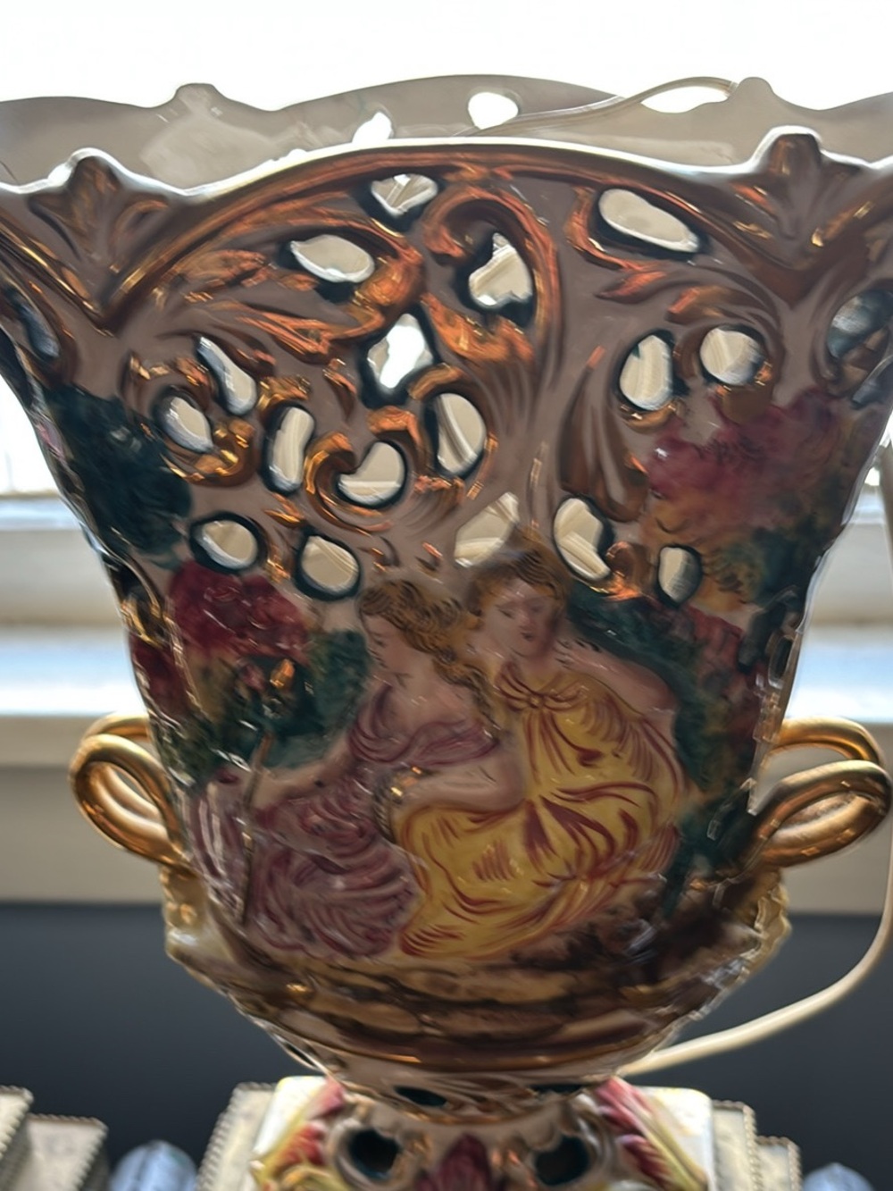 Hand-Painted Ceramic Urn Lamp with Gold Accents in Multicolor